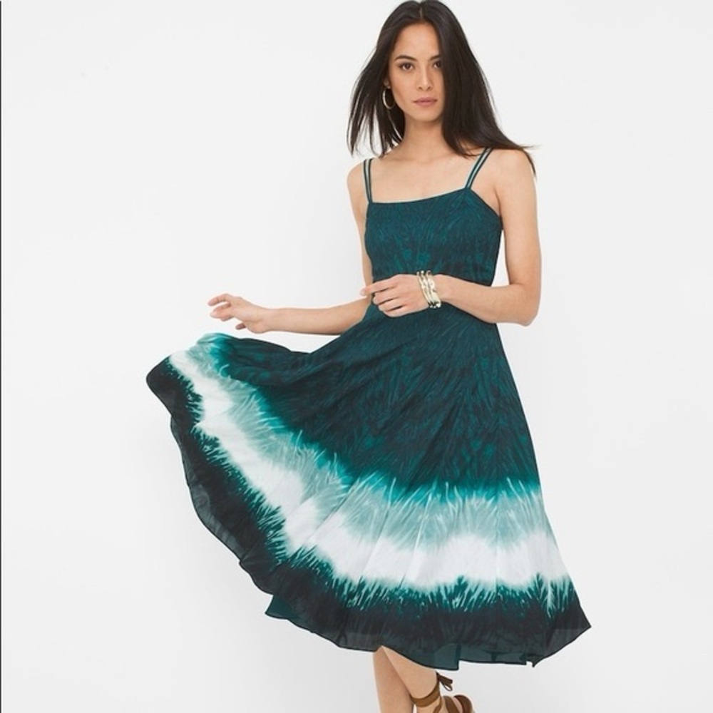 WHBM White House Black Market Teal Ombre Tie-Dye Cottagecore Midi Dress Size 0
